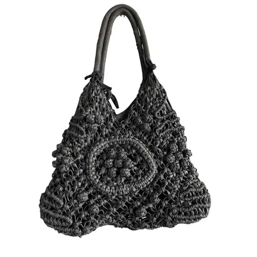 Clever Carriage Company Womens Black Crocheted Positano Hand Macrame Satchel Bag